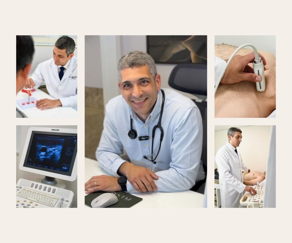 Foto do Dr. Cássio Soeiro, cardiologista e especialista em ecocardiograma, sorrindo na fachada da Clínica Pulsarti