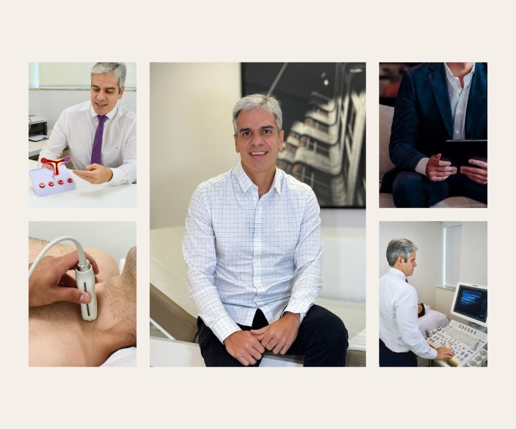 Foto do Dr. Matheus Marques, cardiologista e especialista em ecocardiograma, sorrindo na fachada da Clínica Pulsarti