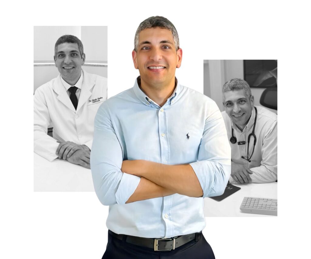Foto do Dr. Cássio Soeiro, cardiologista e especialista em ecocardiograma, sorrindo na fachada da Clínica Pulsarti