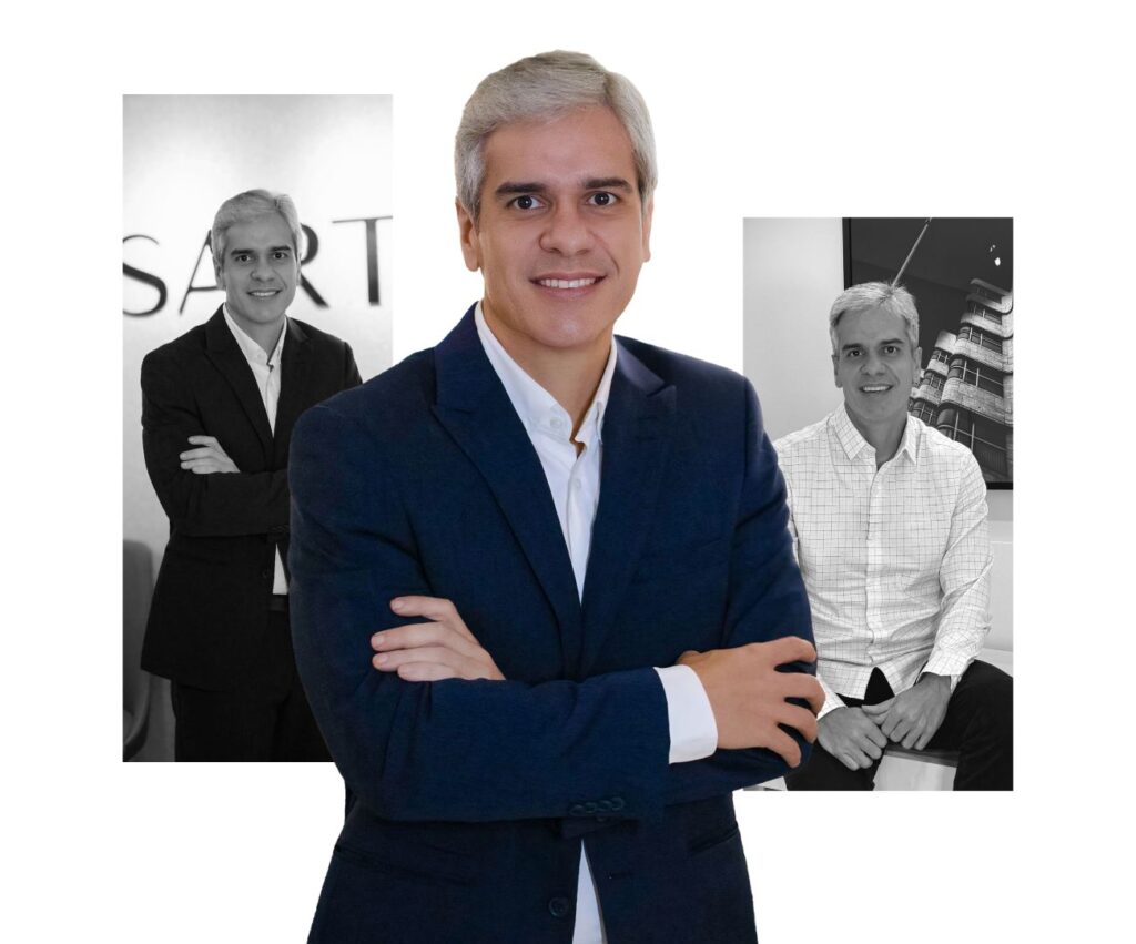 Foto do Dr. Matheus Marques, cardiologista e especialista em ecocardiograma, sorrindo na fachada da Clínica Pulsarti