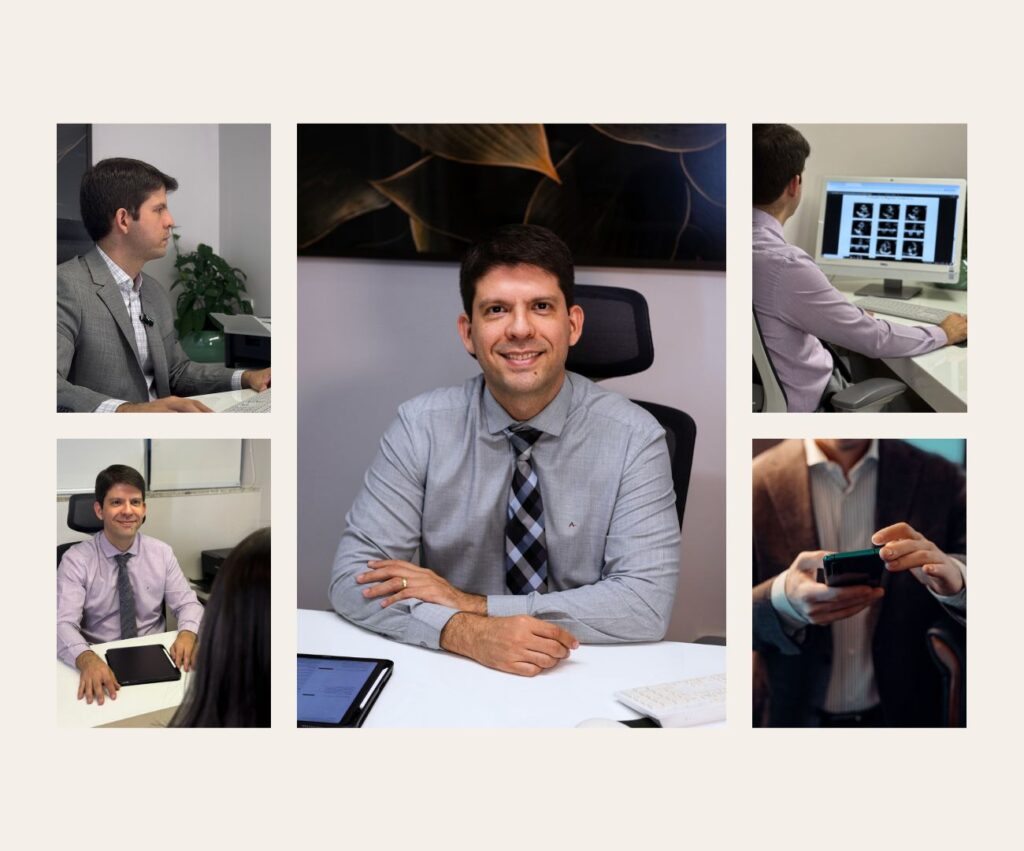 Foto do Dr. Murilo Vilela, cardiologista especializado em insuficiência cardíaca e transplante, sorrindo na fachada da Clínica Pulsarti